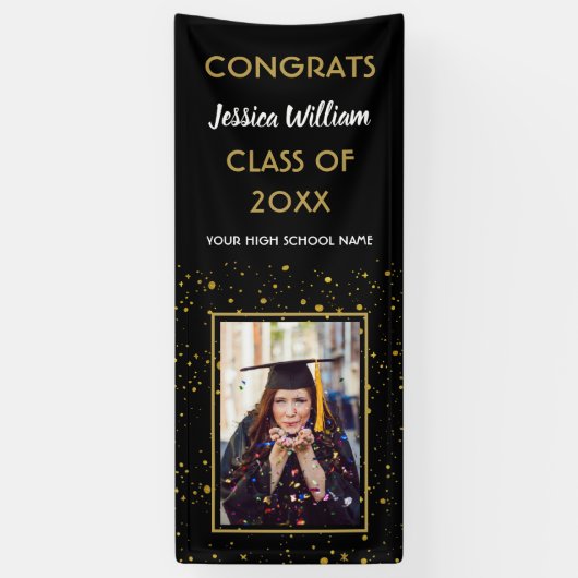 Black Gold Confetti 2023 Foto Graduation Party Banner (Vertikal)