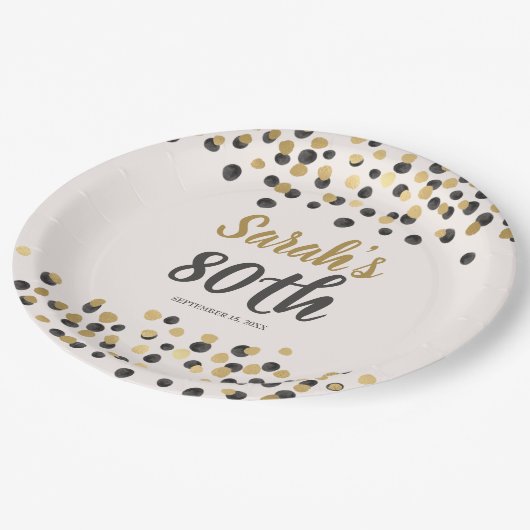 Black Gold Confetti 80. Geburtstag Pappteller (Schrägansicht)