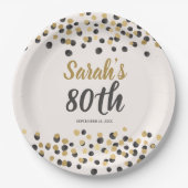 Black Gold Confetti 80. Geburtstag Pappteller (Vorderseite)