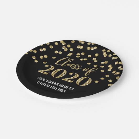 Black Gold Confetti Abschluss 2020 Pappteller (Schrägansicht)