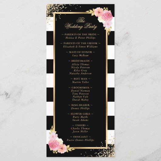 Black Gold Confetti Blush Pink Floral Wedding Programm (Rückseite)