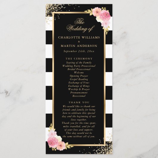 Black Gold Confetti Blush Pink Floral Wedding Programm (Vorderseite)