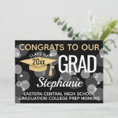 Black Gold Confetti Bokeh Bubbles Abschluss Einladung (Stehend Vorderseite)