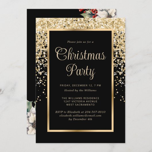 Black Gold Confetti Botanical Christmas Party Einladung (Vorne/Hinten)