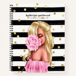 Black Gold Confetti Dots Blonde Girl Pink Floral Notizblock