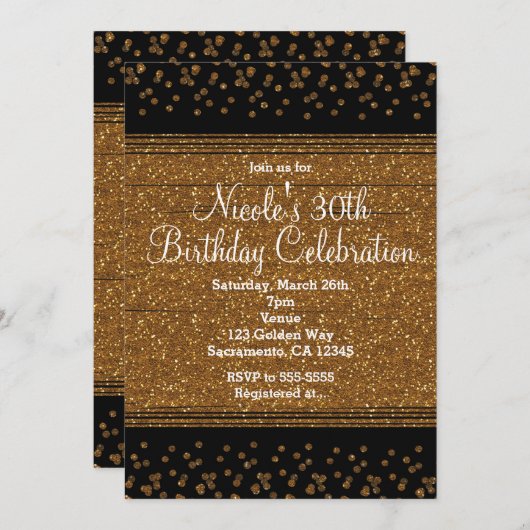 Black & Gold Confetti Dots Glam Party Einladungen (Vorne/Hinten)