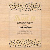 Black Gold Confetti Glitzer Sweet 16 Acryleinladungen (Vorderseite)