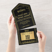 Black Gold Confetti QR Code Hochzeit All In One Einladung (Abreißen)