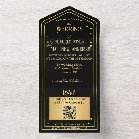 Black Gold Confetti QR Code Hochzeit All In One Einladung (Innen Boden)