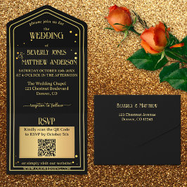 Black Gold Confetti QR Code Hochzeit All In One Einladung