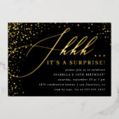 Black & Gold Confetti-Skript-Überraschung-Party Folieneinladung (Vorderseite)