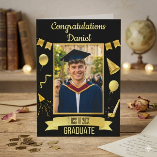 Black & Gold Congrats Graduation Card With Photo  Karte