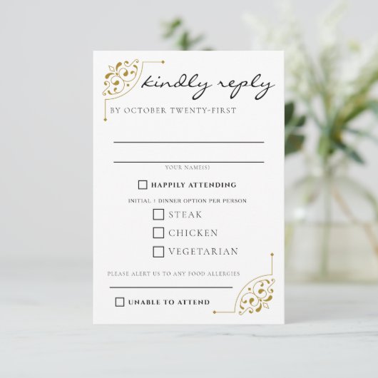Black & Gold Country Hochzeitsnahrung RSVP Karte (Stehend Vorderseite)