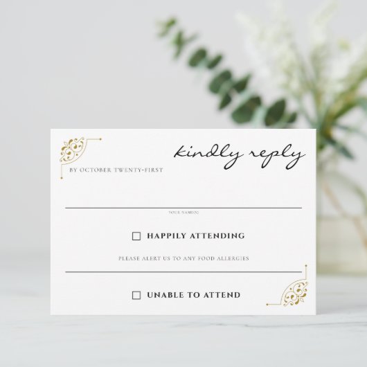 Black & Gold Country Hochzeitsnahrung RSVP Karte (Stehend Vorderseite)