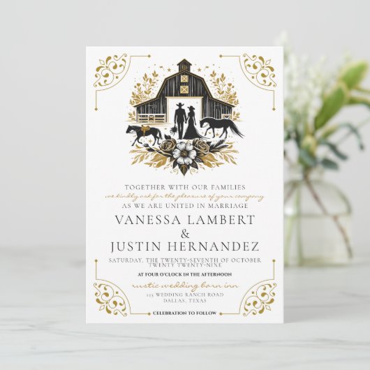 Black & Gold Country Wedding mit QR Code Einladung (Stehend Vorderseite)