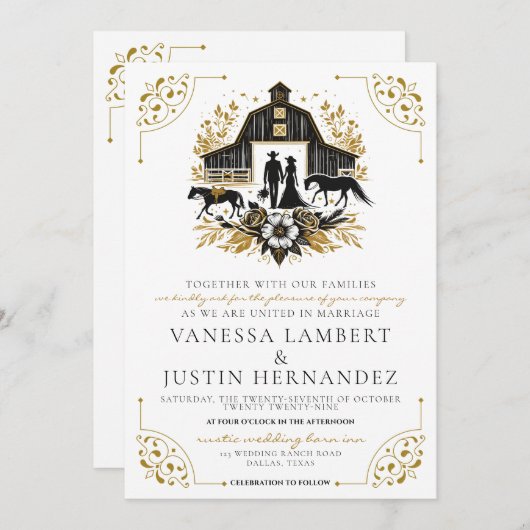 Black & Gold Country Wedding mit QR Code Einladung (Vorne/Hinten)
