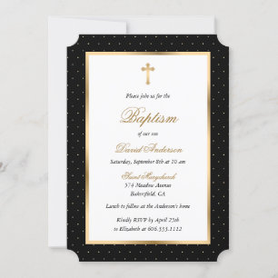 Black Gold Cross Polka Dots Elegante Script Taufe Einladung