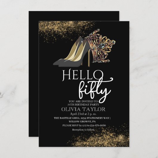 Black Gold Crown 50. Geburtstag Einladung (Vorne/Hinten)