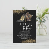 Black Gold Crown 50. Geburtstag Einladung (Stehend Vorderseite)