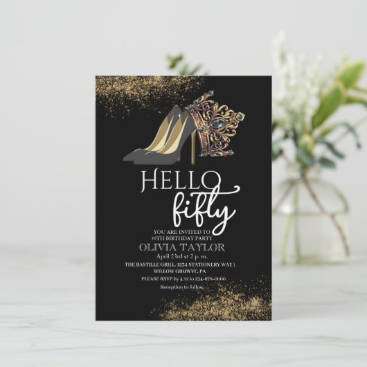 Black Gold Crown 50. Geburtstag Einladung (Stehend Vorderseite)