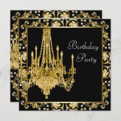 Black Gold Damask Chandelier Birthday Party Einladung (Vorne/Hinten)