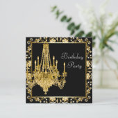 Black Gold Damask Chandelier Birthday Party Einladung (Stehend Vorderseite)