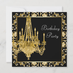 Black Gold Damask Chandelier Birthday Party Einladung