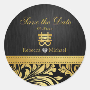 Black & Gold Damask, chinesisches Doppelglücksgefü Runder Aufkleber