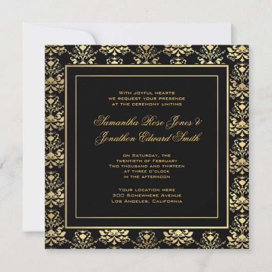 Black & Gold Damask Einladung (Vorderseite)