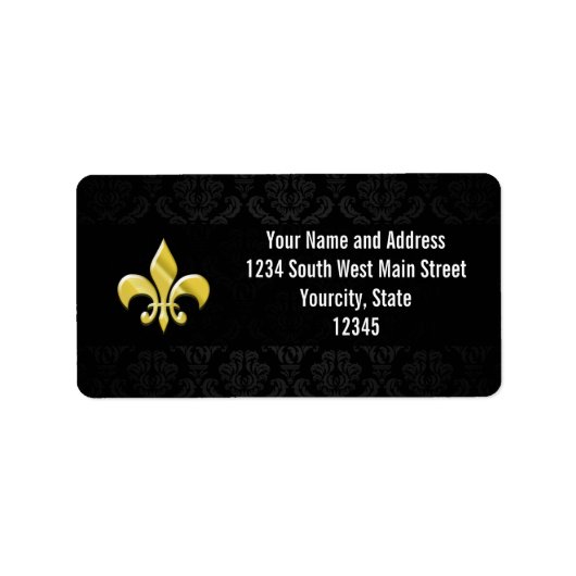 Black/Gold Damask Fleur de Lis Adressaufkleber (Vorne)