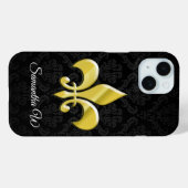 Black/Gold Damask Fleur de Lis Case-Mate iPhone Hülle (Rückseite (Horizontal))