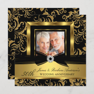 Black Gold Damask Foto 50. Hochzeitstag Einladung