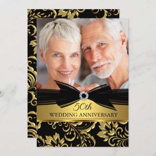Black Gold Damask Foto zum Hochzeitstag Einladung (Vorne/Hinten)