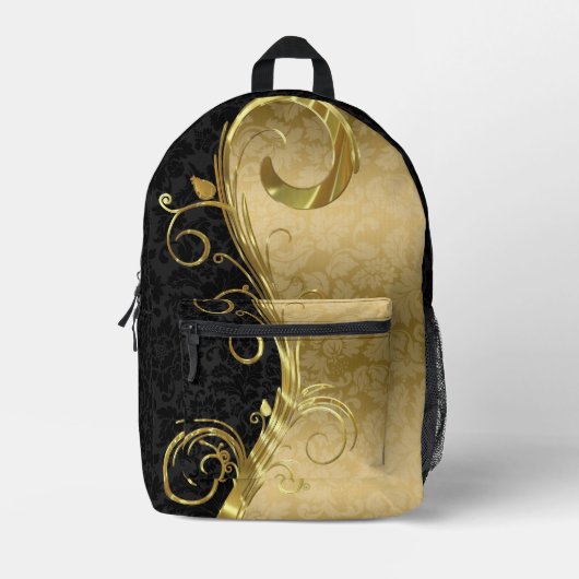 Black Gold Damask Gold Wirbel Bedruckter Rucksack (Vorderseite)