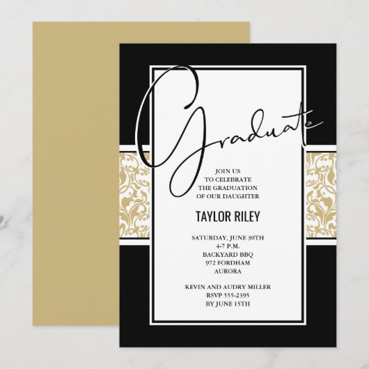 Black Gold Damask Graduation Party Einladung (Vorne/Hinten)