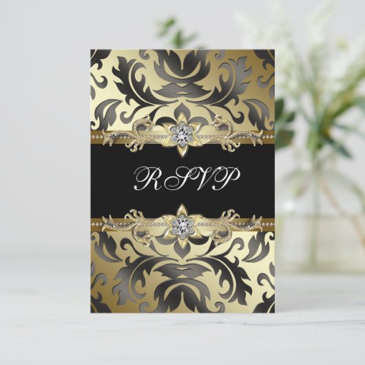Black Gold Damask Jeder Anlass Party UAWG RSVP Karte (Stehend Vorderseite)