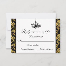 Black, Gold Damask, Kronleuchter-Antwortkarte RSVP Karte