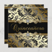 Black Gold Damask Quinceanera Einladung (Vorne/Hinten)