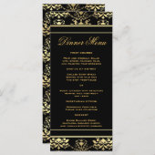 Black & Gold Damask Slim Dinner Menü Menükarte (Vorne/Hinten)