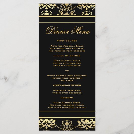 Black & Gold Damask Slim Dinner Menü Menükarte (Vorderseite)