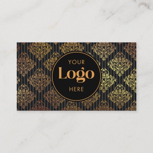 Black & Gold Damask Striped Custom Logo QR Code Visitenkarte (Vorderseite)