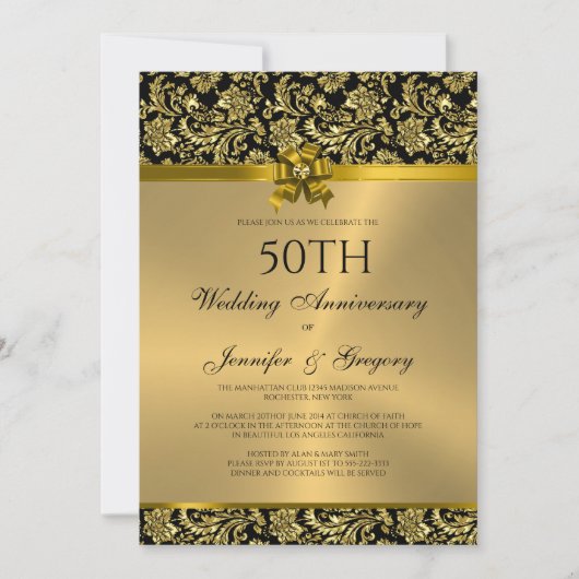 Black & Gold Damaskus zum 50. Hochzeitstag 3 Einladung (Vorderseite)
