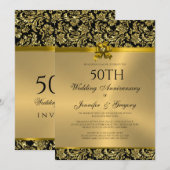 Black & Gold Damaskus zum 50. Hochzeitstag 3 Einladung (Vorne/Hinten)