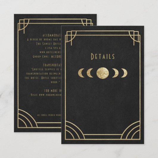 Black & gold deco wedding details card begleitkarte (Vorne/Hinten)