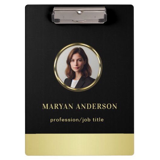 Black & gold design, Logo or Photo in gold circle, Klemmbrett (Vorderseite)