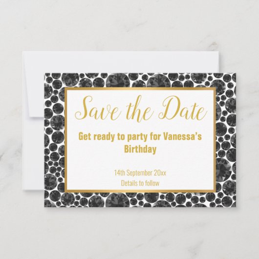 BLACK GOLD DIAMOND ELEGANT SAVE THE DATE RSVP KARTE (Vorderseite)
