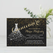 Black Gold Diamond Kleid Quinceanera Einladung (Stehend Vorderseite)