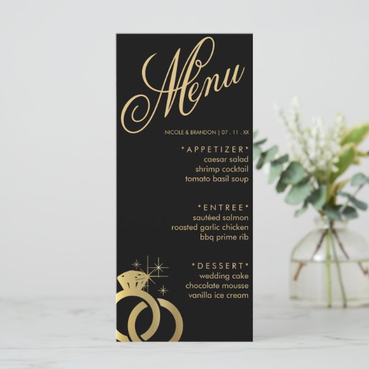 Black & Gold Diamond Ring Hochzeitsempfang Menükarte (Stehend Vorderseite)