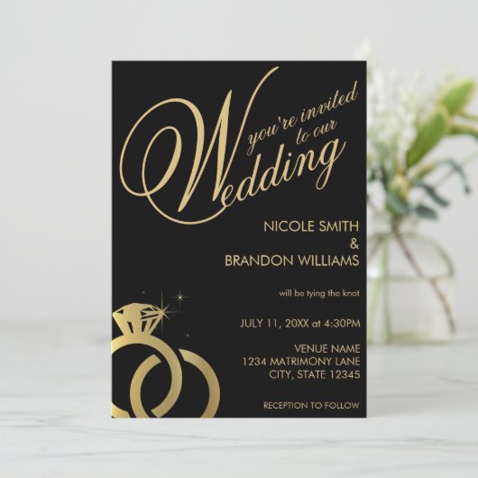 Black & Gold Diamond Ring Wedding Einladung (Stehend Vorderseite)