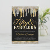 Black Gold Diamond Tropfen Fantastische 50 Geburts Einladung (Stehend Vorderseite)